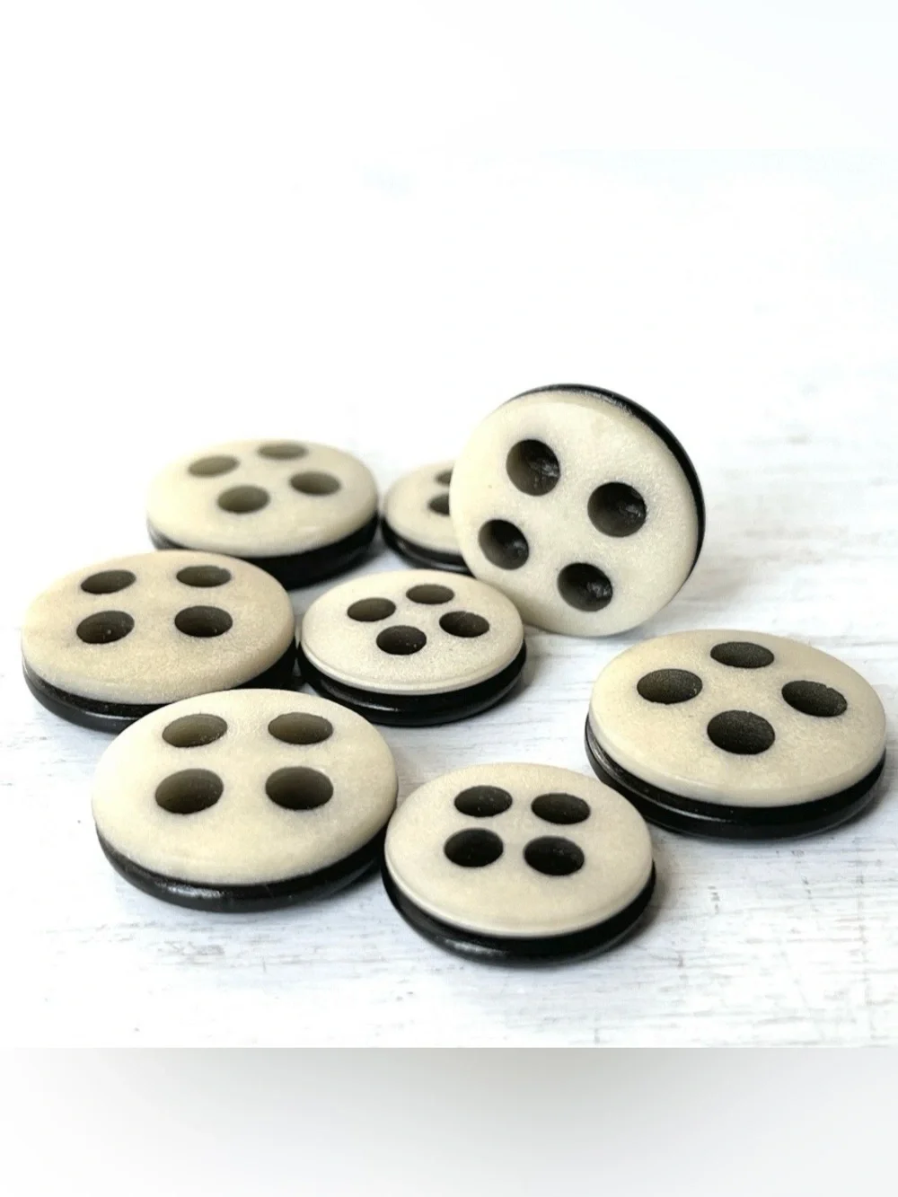 8 Unusual Vintage Round Plastic 4 hole Buttons w Groove Off White/Black Sanded F
